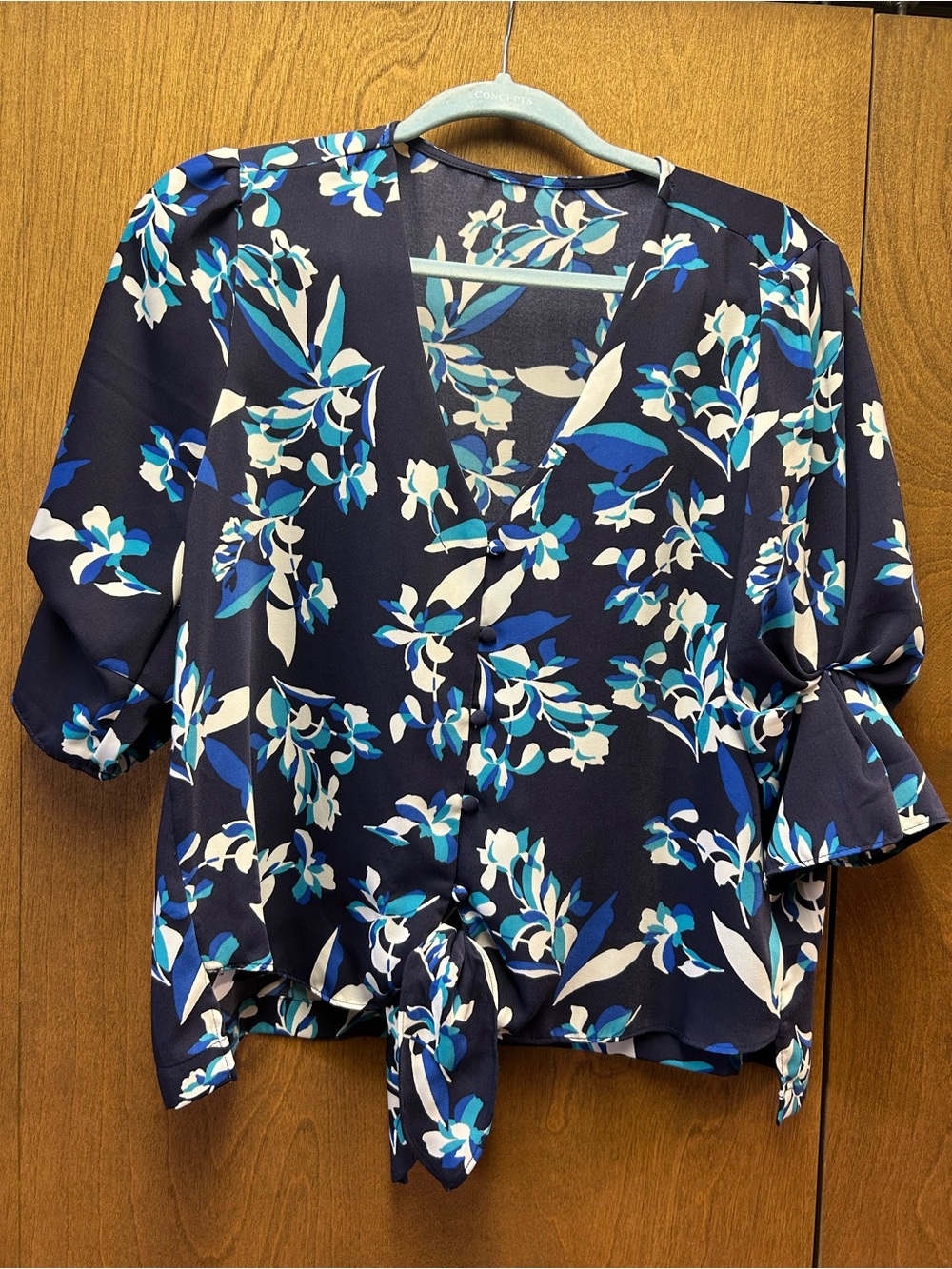 Floral Tie-Front V-Neck Blouse in Navy and Aqua Blue